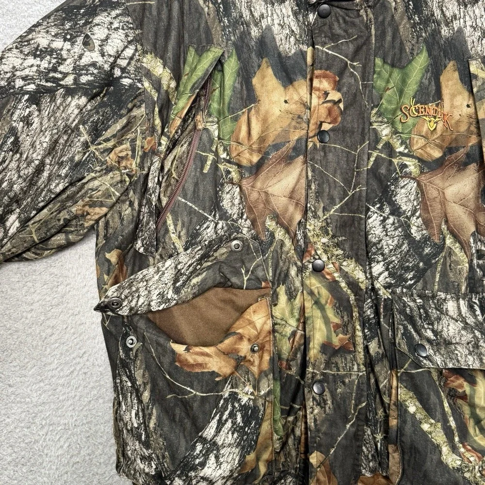 ScentLok Camo‎ Jacket Mens XL Full Zip Snap Hunting Coat Mossy Oak Pockets Lined
